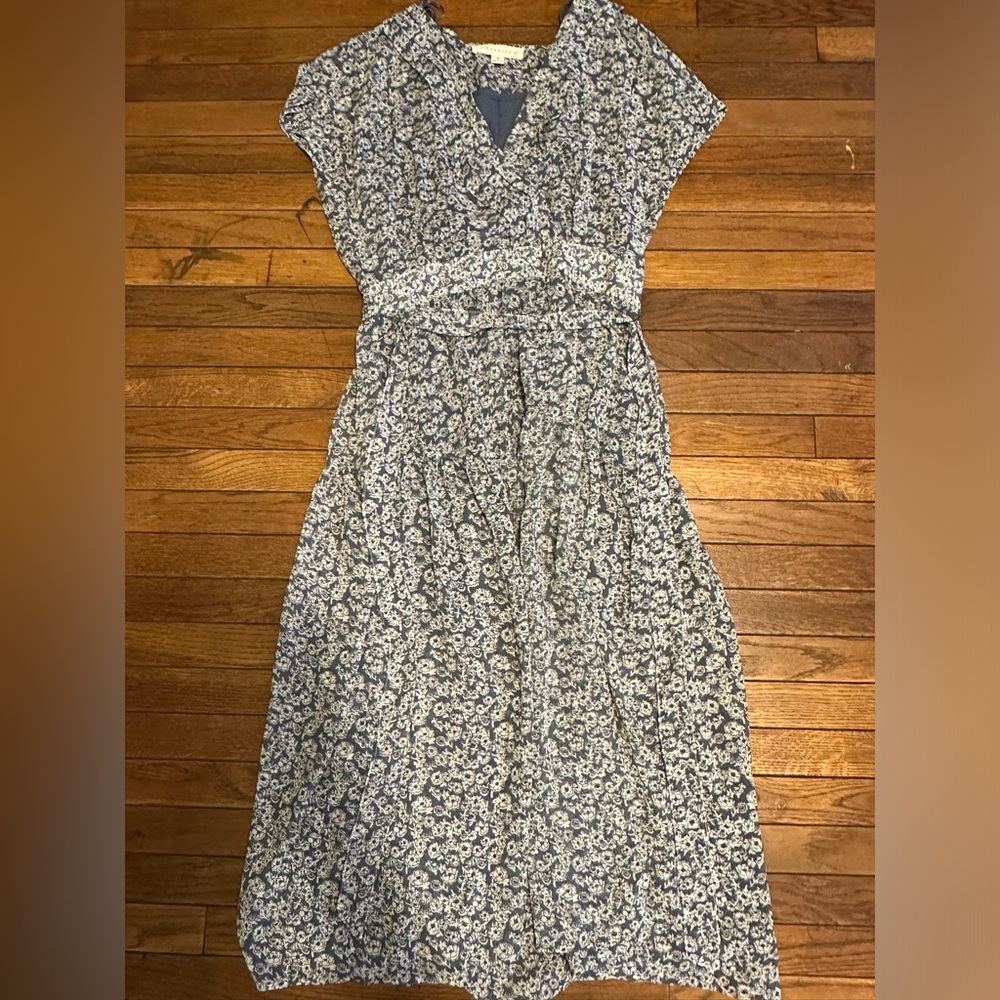 Blue floral dress with blue under dress slip.